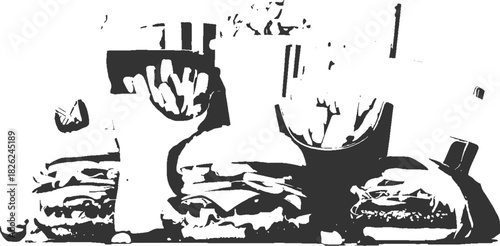 Two hamburgers and french fries in a stylized black and white graphic fast