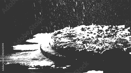 High contrast black and white image of a curved concrete edge with gravel and water reflections abstract