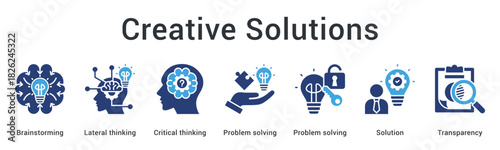 Creative solutions banner web icon generates ideas through brainstorming and lateral thinking for transparent problem solving outcomes.