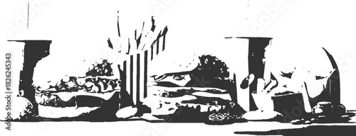 Still life arrangement with fruit and plants in dark silhouette vector