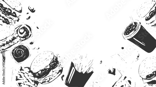Black and white graphic illustration of fast food items including burgers fries and a drink hamburger