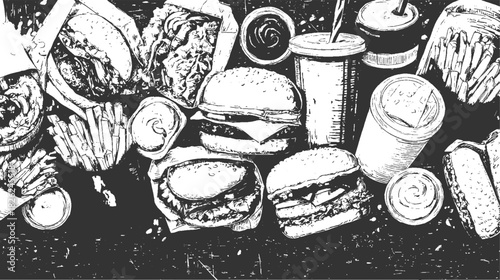 Black and white sketch of various fast food items including burgers fries and drinks hamburger cheeseburger
