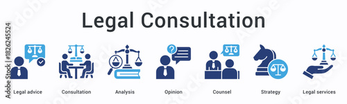 Legal consultation banner web icon provides advice through analysis and counsel opinion for strategic legal services.
