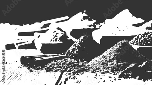 Black and white graphic of piles of gravel and construction materials sand