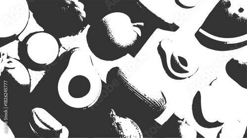 High contrast black and white still life of assorted fruits including apples avocados and oranges food