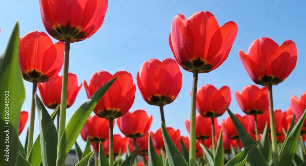 Fototapeta premium Bright red tulips against a clear blue sky. Many vibrant red tulips, with green foliage, rise towards a vibrant, clear blue sky. Close-up view