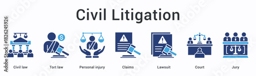 Civil litigation banner web icon addresses tort and personal injury claims through lawsuit proceedings with court jury trials.