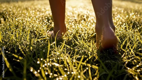 Barefoot child walking through dew-covered grass at sunrise, serene atmosphere