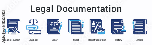 Legal documentation banner web icon organizes documents, law books, and registration forms with notary for article filing.