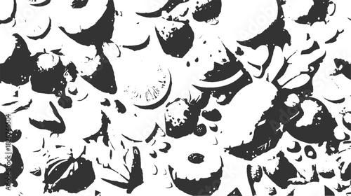 Black and white abstract pattern of scattered fruit slices and berries berry citrus