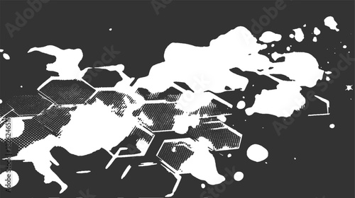 White organic shapes and hexagonal patterns on dark gray background abstract black