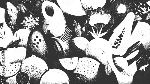 Black and white abstract arrangement of fruits and leaves with stippled texture vector