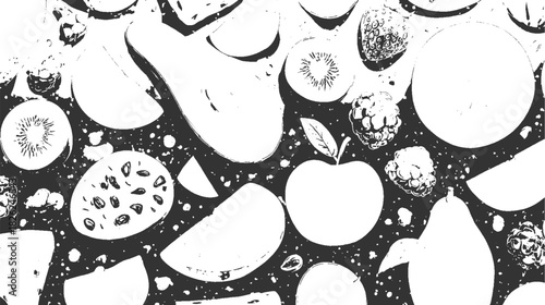 Black and white graphic pattern of assorted fruits and berries berry apple