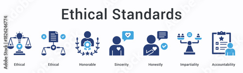 Ethical standards banner web icon establishes honorable conduct with sincerity and impartiality ensuring accountability frameworks.
