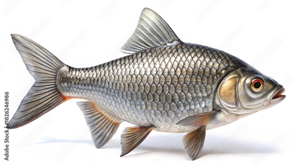 Fototapeta premium Fresh raw freshwater carp fish, isolated on a white background, perfect for seafood and healthy food concepts