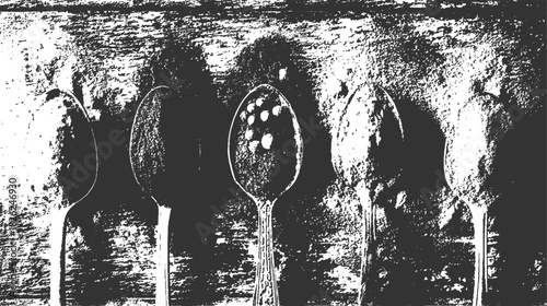 Five metal spoons arranged in a row on a textured dark surface kitchen utensil