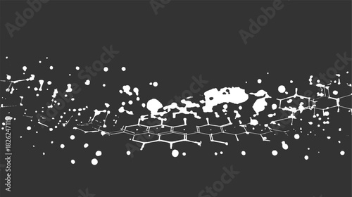White hexagonal molecular structure with scattered dots on dark gray background science molecule
