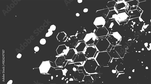 White hexagonal shapes and splatters on dark gray background abstract black