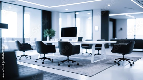 Sleek contemporary meeting room with a large white table and black chairs in a professional, minimalist office environment photo