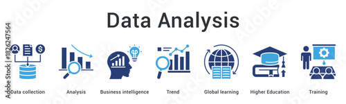Data analysis banner web icon gathers information for business intelligence revealing trends through learning and training.