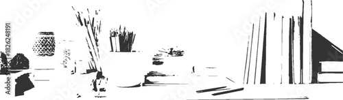 Black and white graphic of a shelf with decorative objects and books vector