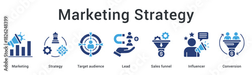 Marketing strategy banner web icon targets audience through lead funnel with influencer engagement for conversion success.