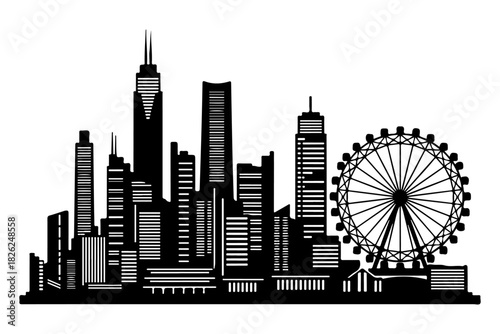 Chicago Skyline Silhouette with Ferris Wheel A Cityscape Illustration