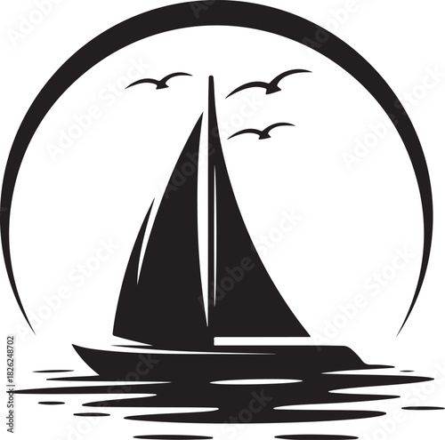 Silhouette of a sailing ship or sailboat against the sky on the ocean is a nautical vector icon for sea travel and sport