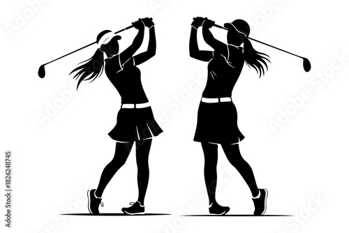 Silhouettes of female golfers in action on a white background, showcasing a swing and stance