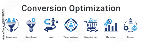 Conversion optimization banner web icon develops sales funnel from lead to target audience shopping cart through marketing strategy.