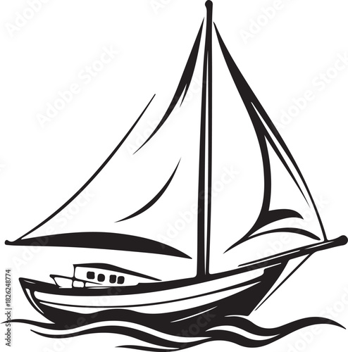 Nautical vector silhouette of a sailing ship on the ocean wave, an icon for sea travel or a regatta logo