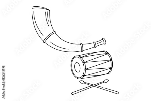 A traditional musical ensemble icon with a folk horn and a dhol drum. A simple line art drawing representing cultural celebration and sound