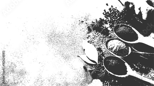 Three wooden spoons filled with spices on a textured surface with star anise and leaves kitchen ingredient