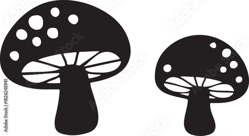 Black and white cartoon illustration of a man and a girl near a poisonous red toadstool in the forest grass