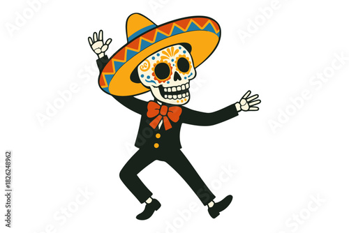 Dia De Los Muertos Skeleton Dancing in Sombrero, Festive Celebration Illustration