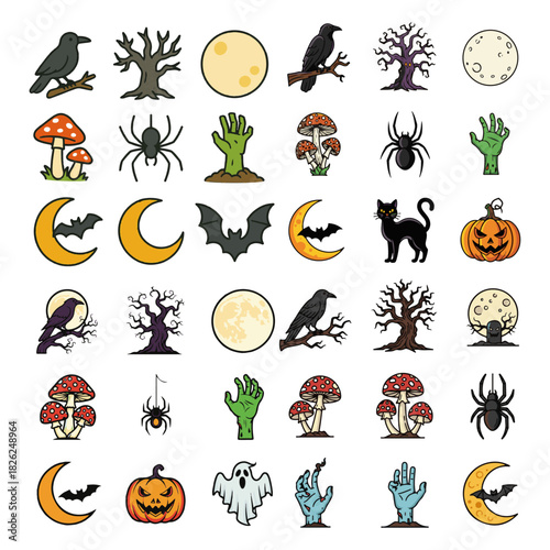 A spooky collection of flat design Halloween icons, featuring classic symbols like jack-o'-lanterns, ghosts, black cats, and scary creatures for holiday design projects