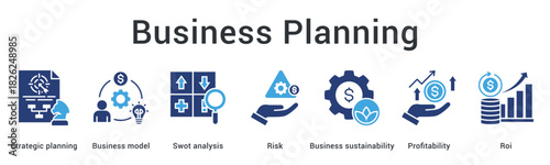 Business planning banner web icon develops strategic model with risk analysis for sustainability profitability and roi.