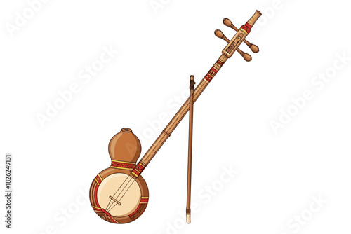 Elegant illustration of a traditional bowed string instrument, a folk fiddle with a round body and long neck, isolated on a white background