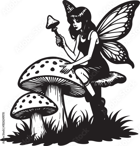 Fantasy cartoon vector illustration of red toadstool fungus in the forest grass