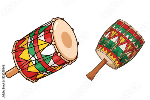 Colorful Traditional Drums Illustrations with Decorative Patterns