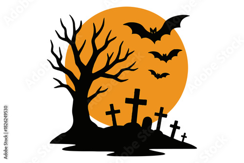Creepy Halloween Night Silhouette Featuring Graveyard Tombstones, Spooky Bare Tree, and Flying Bats Against a Bright Orange Full Moon