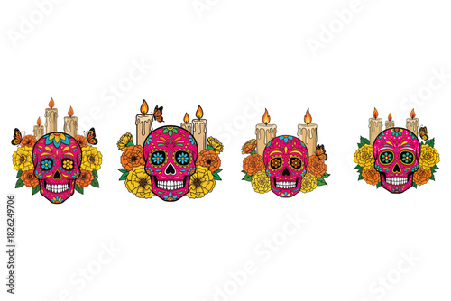 Vibrant Day of the Dead sugar skull illustrations adorned with marigold flowers and flickering candles, capturing festive Mexican cultural traditions