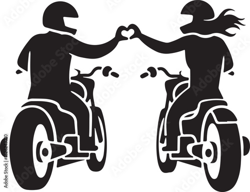 Silhouette of a boy and girl riding a vintage scooter or moped illustration on the road