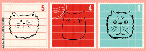 Cute doodle cats postage stamps collection. Adorable hand-drawn feline heads. Retro cards. Vector animal print elements.