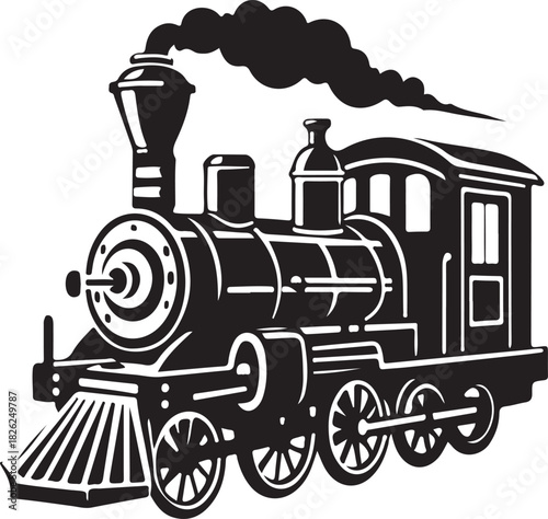 Vintage steam train locomotive engine travels along a forest railway track