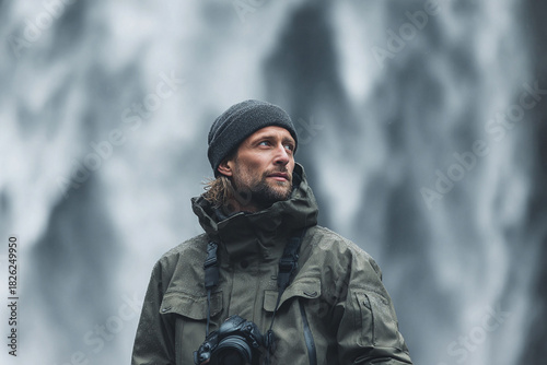 Adventurous photographer in nature, exploring and observing. Concept for travel, outdoor lifestyle, discovery, or personal growth. Inspiring, authentic, and serene.