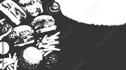 Black and white illustration of burgers french fries and dipping sauce on dark background hamburger potato