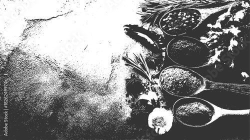 Black and white close up of wooden spoons filled with spices and herbs on a textured surface vector