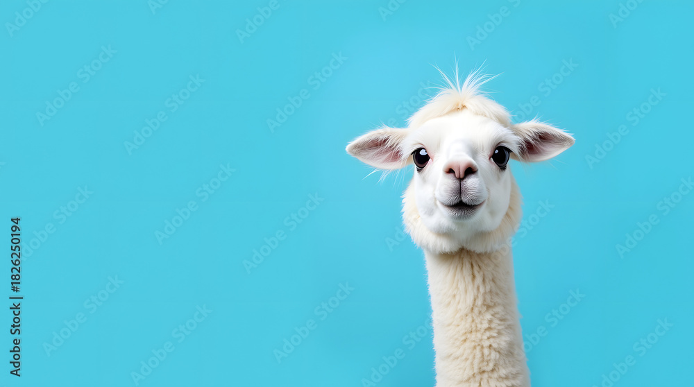 Fototapeta premium Funny white alpaca with a fluffy coat and endearing expression on a vibrant blue background, the alpaca's soft fur and gentle gaze standing out against the bright contrasting color, its large eyes