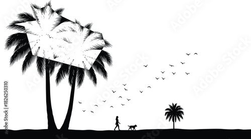 Vector landscape silhouette of tropical palm trees and flying birds, featuring a woman walking her dog on the beach, isolated on white background.